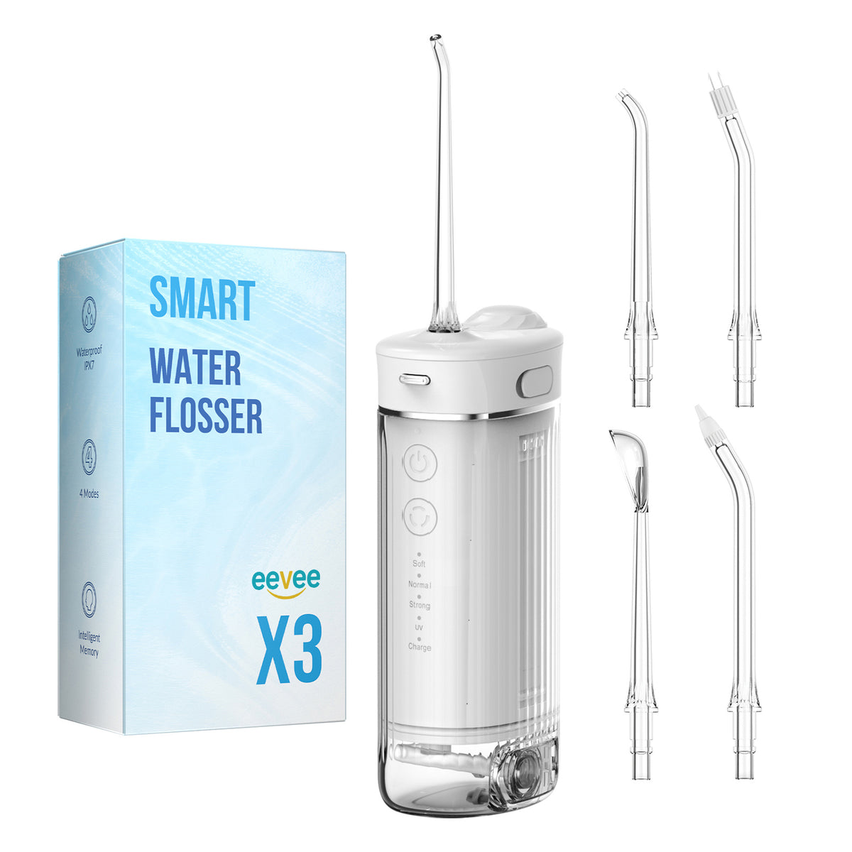 eeVee Mini Cordless Water Flosser X3 in White, standing upright