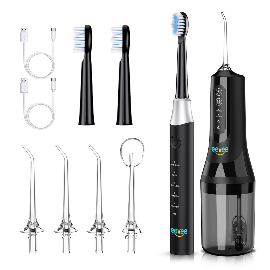 eeVee Ultrasonic Electric Toothbrush Y07 and Water Flosser C01 Complete Oral Care Bundle in Black