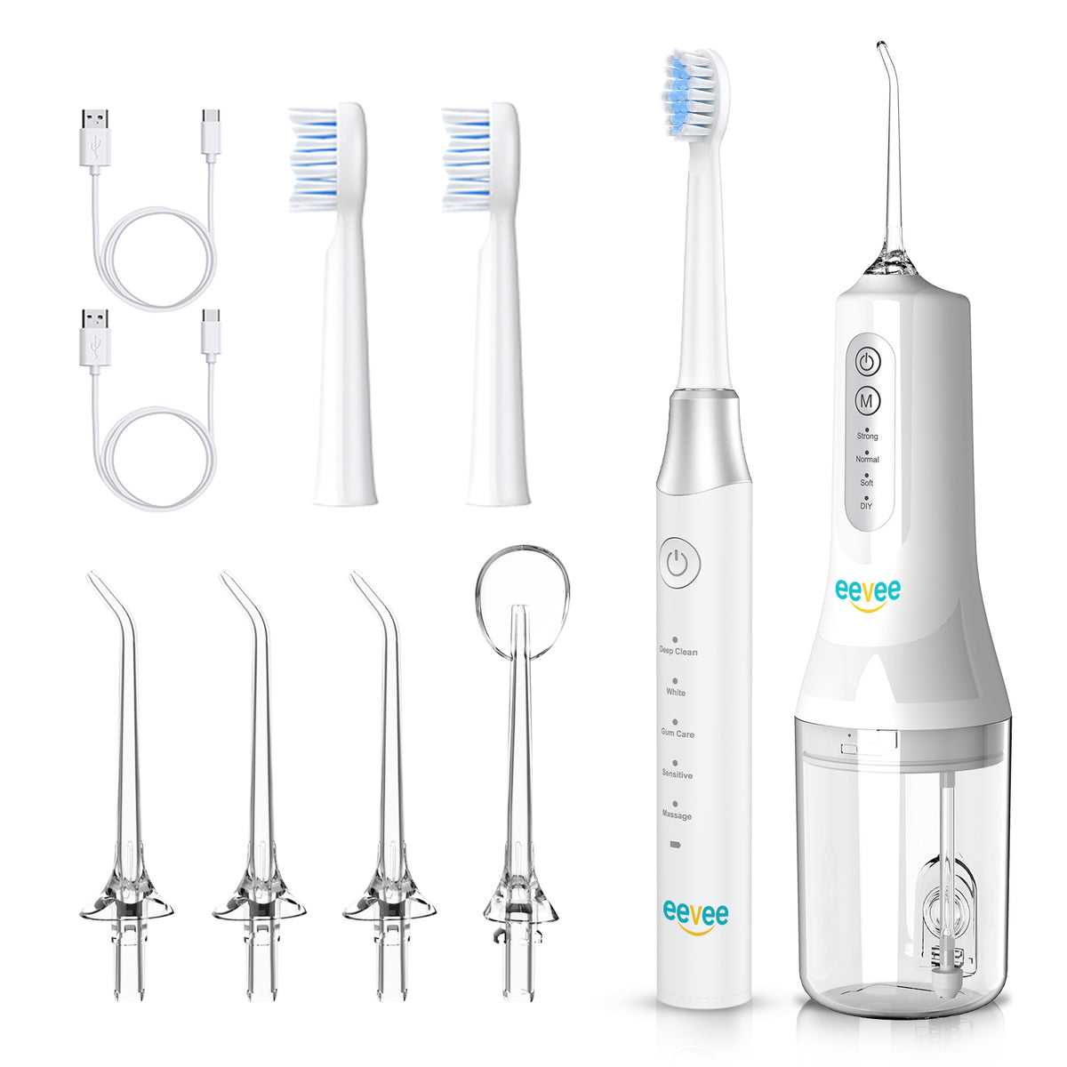 eeVee Ultrasonic Electric Toothbrush Y07 and Water Flosser C01 Complete Oral Care Bundle in White