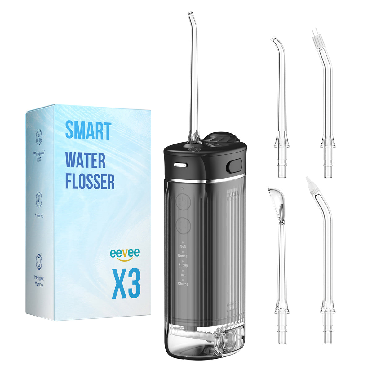eeVee Mini Cordless Water Flosser X3 in Black, standing upright