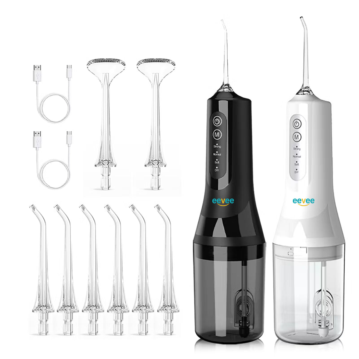 eeVee Electric Water Flosser C01 Twin Pack in Black and White side by side