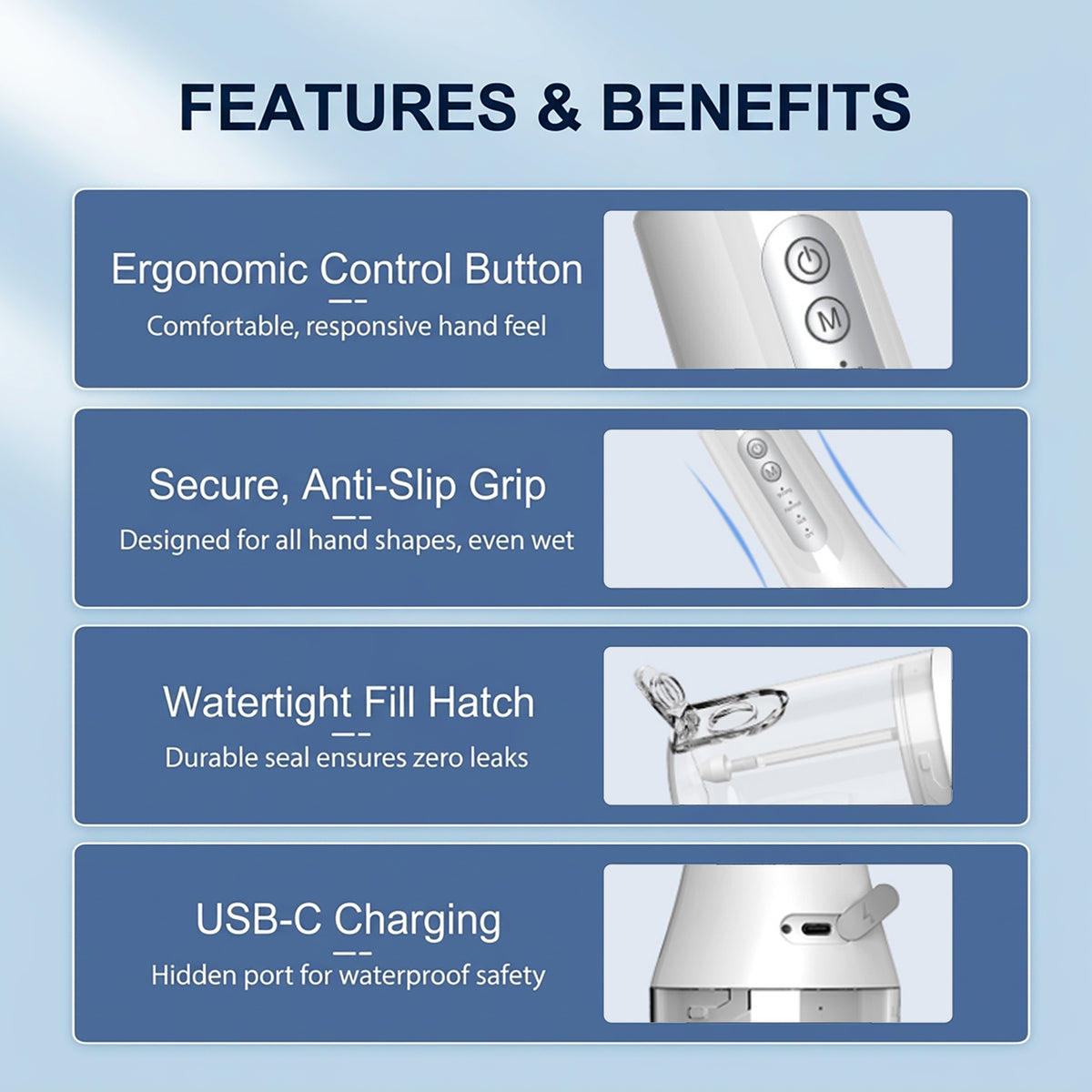 eeVee Electric Water Flosser C01 key features including IPX7 waterproof rating
