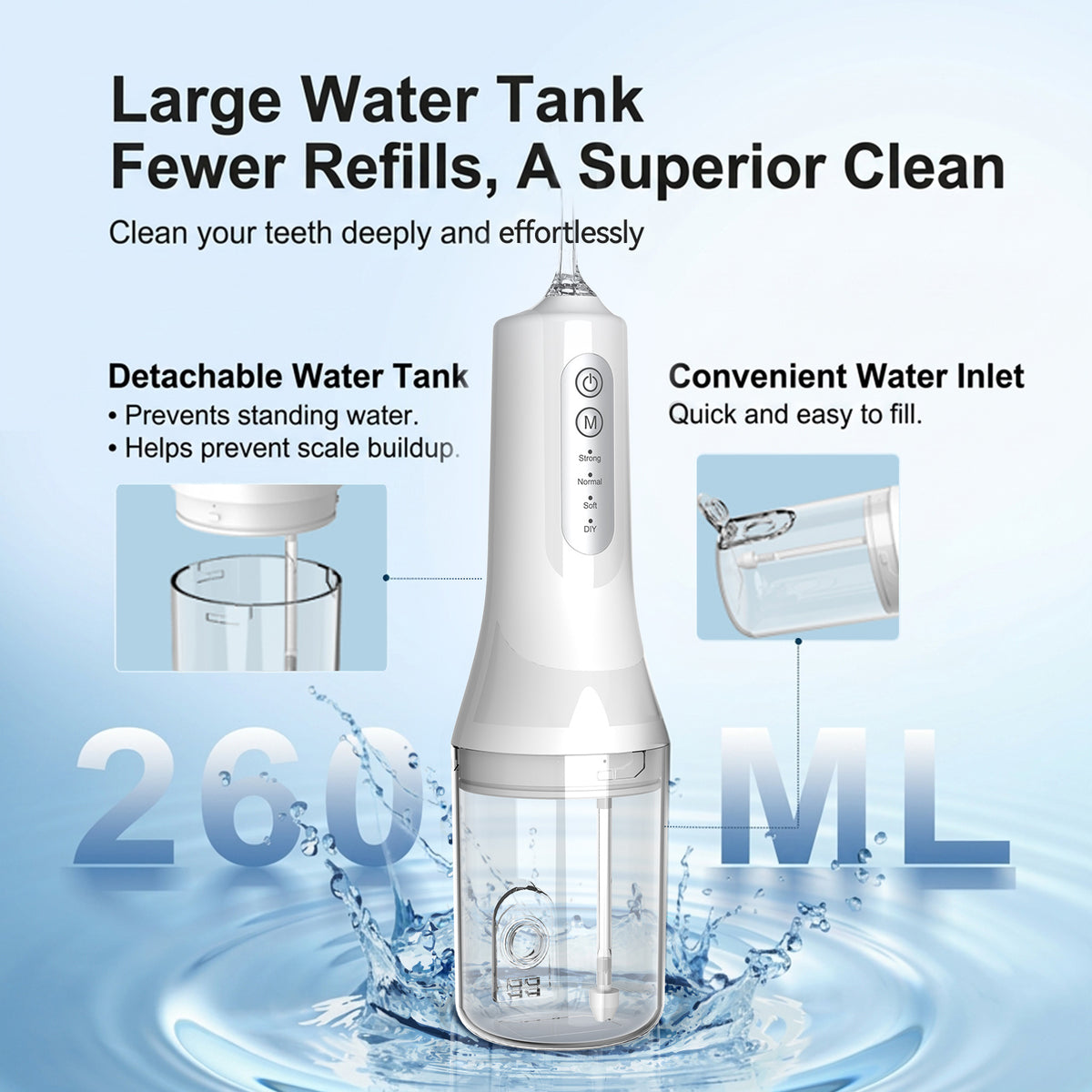 eeVee Electric Water Flosser C01 showing 260ml detachable water tank