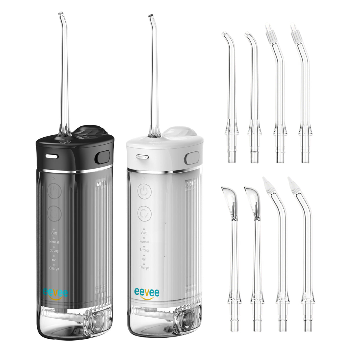 eeVee Mini Cordless Water Flosser Twin Pack in Black and White standing side by side