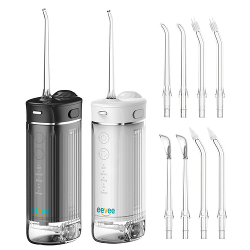 eeVee Mini Cordless Water Flosser Twin Pack in Black and White standing side by side