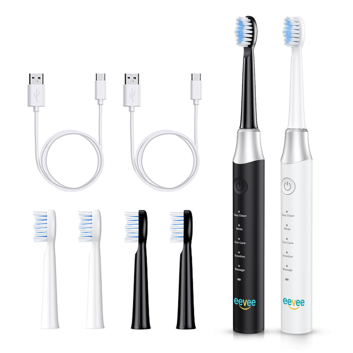 eeVee Ultrasonic Electric Toothbrush Y07 Twin Pack in Black and White side by side