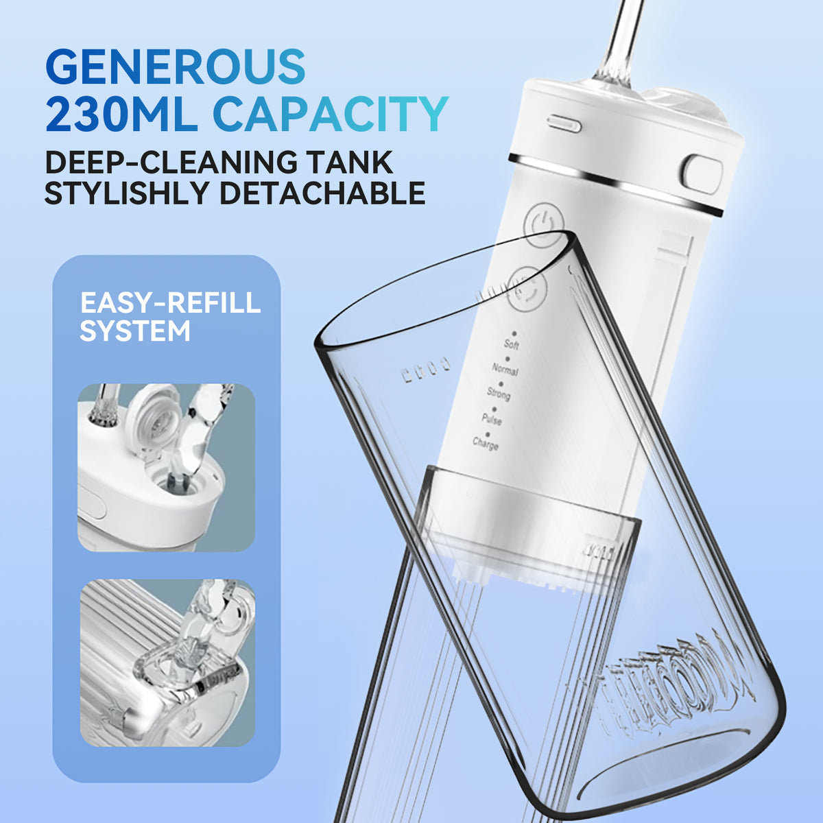 eeVee Mini Cordless Water Flosser X3 White showing 230ml telescopic water tank capacity