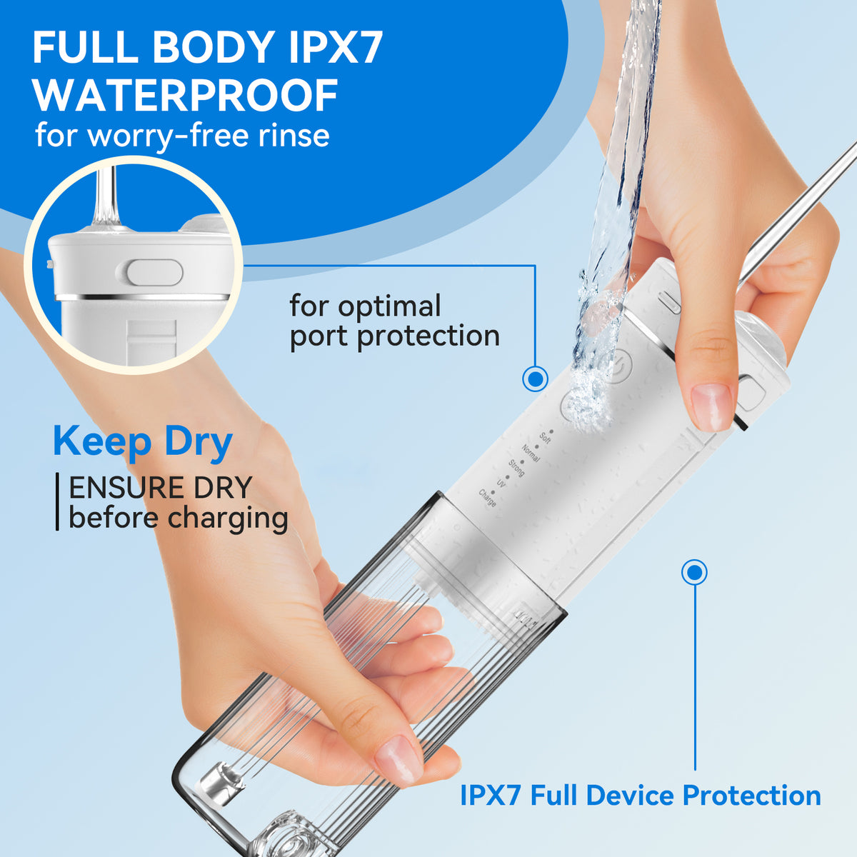 eeVee Mini Cordless Water Flosser X3 shown fully waterproof and shower-safe, IPX7 rated