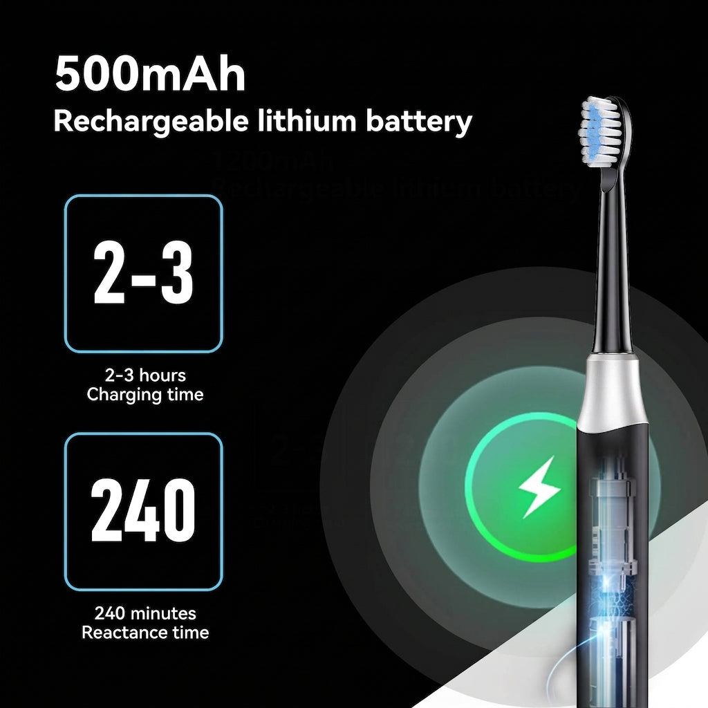 eeVee Ultrasonic Electric Toothbrush Y07 in Black showing up to 240-minute battery life