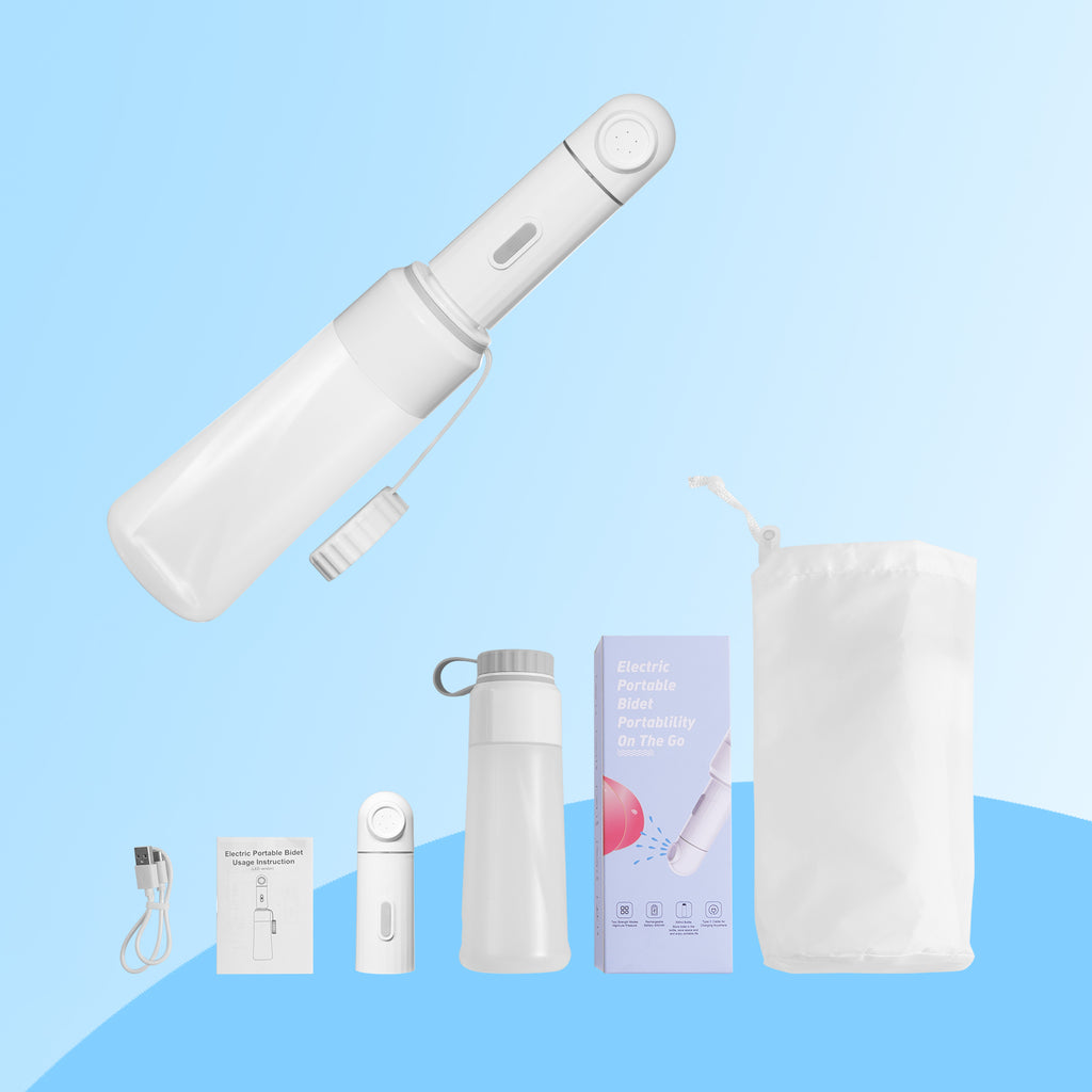 Pureju Electric Portable Bidet Sprayer box contents: sprayer, bottle, travel bag and USB-C cable