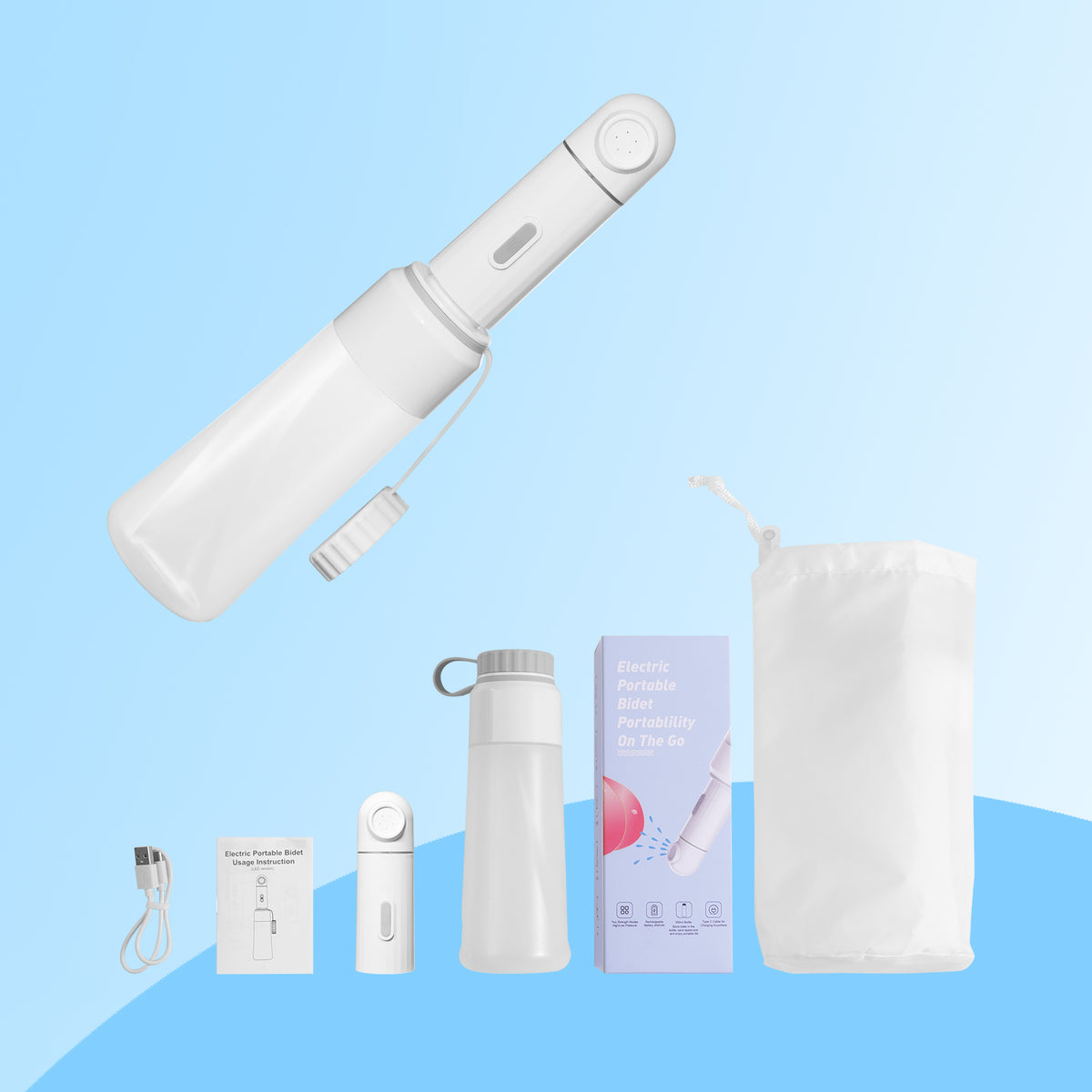 Pureju Electric Portable Bidet Sprayer box contents: sprayer, bottle, travel bag and USB-C cable