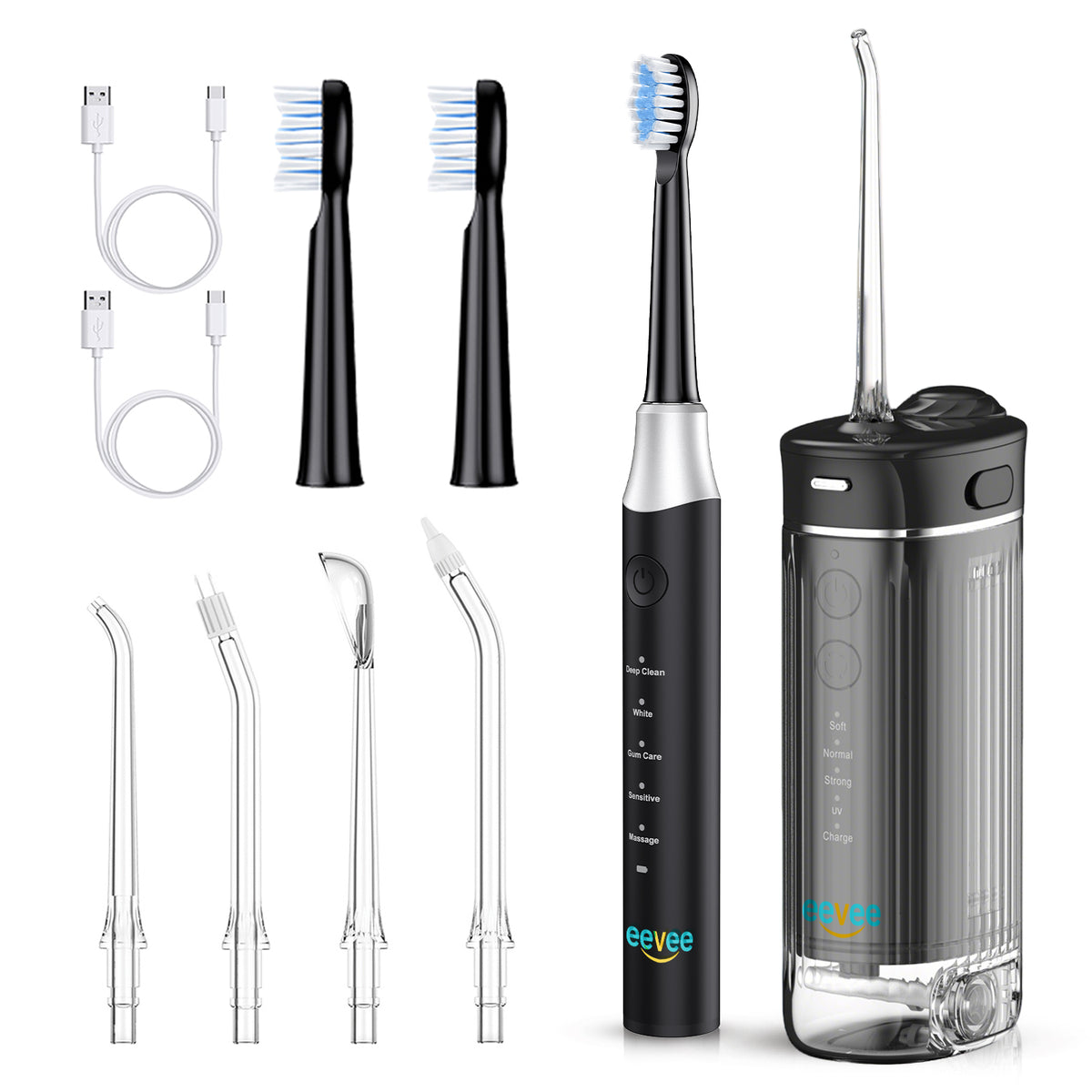 eeVee Mini Cordless Water Flosser X3 and Ultrasonic Electric Toothbrush Y07 Oral Care Bundle in Black