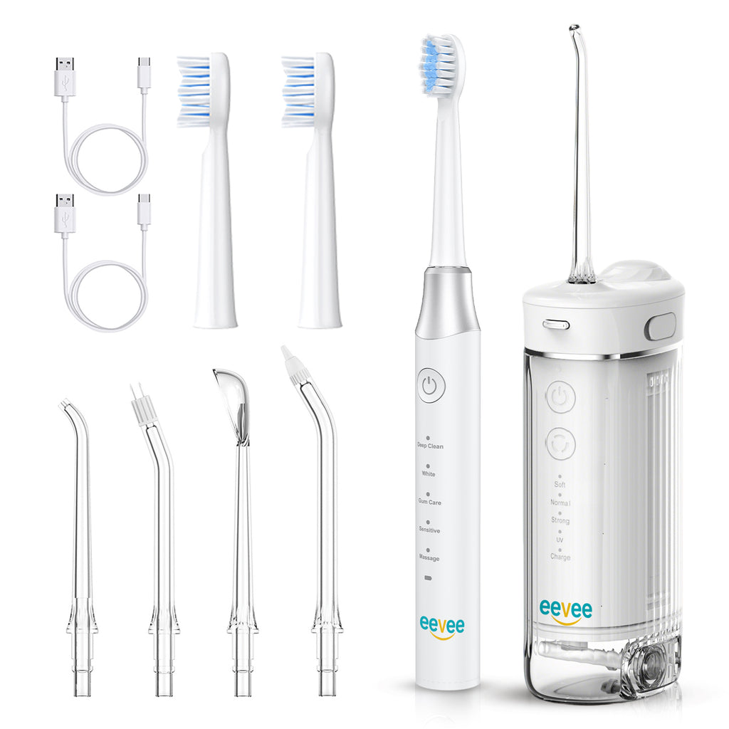 eeVee Mini Cordless Water Flosser X3 and Ultrasonic Electric Toothbrush Y07 Oral Care Bundle in White