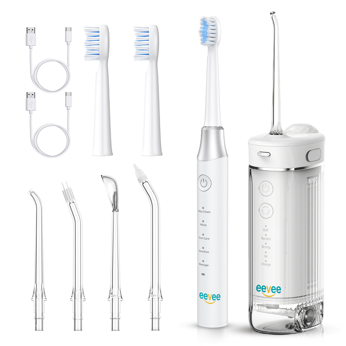 eeVee Mini Cordless Water Flosser X3 and Ultrasonic Electric Toothbrush Y07 Oral Care Bundle in White
