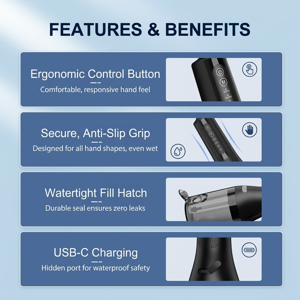 eeVee Electric Water Flosser C01 held in hand showing ergonomic anti-slip grip