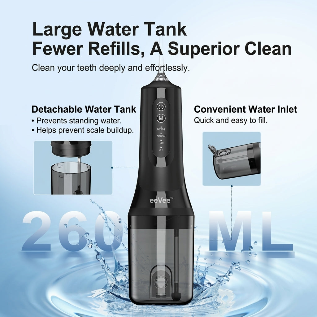 eeVee Electric Water Flosser C01 water tank and jet tip close-up