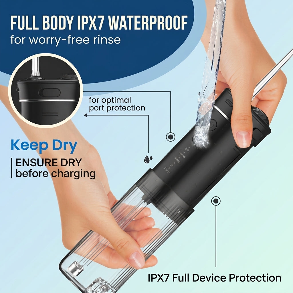eeVee Mini Cordless Water Flosser X3 held in hand showing compact, one-handed design
